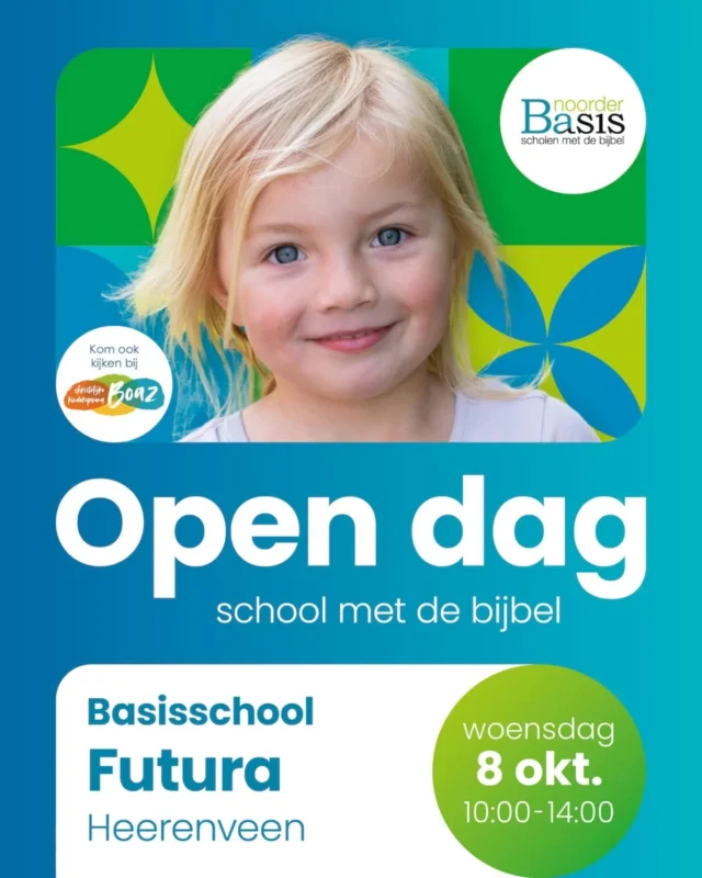 Open dagBen jij opzoek naar een fijne, christelijke school in Heerenveen? Ben je misschien enthousiast geworden door de verhalen om jou heen of de social media posts en wil je graag meer zien en horen? Kom woensdag 8 oktober dan gezellig langs!⌚ 8 okt 10.00 - 14.00☕ Koffie en thee staan klaar. 💚 Neem gezellig jouw zoon en/of dochter mee. 💙 @kinderopvangboaz is ook aanwezig voor alle vragen over de peuteropvang en bso. Zien we jou dan? 👋#opendagheerenveen #Noorderbasis #schoolheerenveen #christelijkonderwijs
