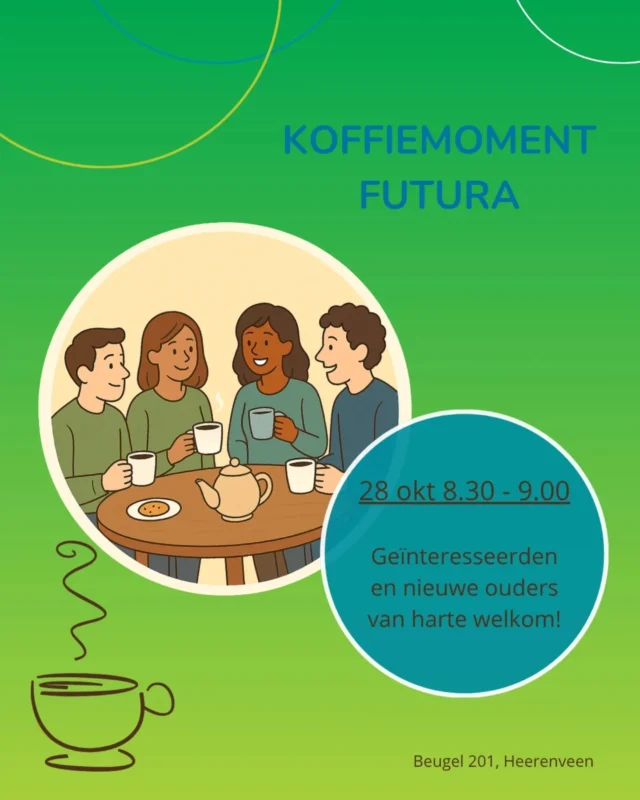Van harte welkom ☕Aankomende dinsdag ben jij weer van harte uitgenodigd voor het maandelijks koffiemoment.Een ochtend om elkaar als ouders te ontmoeten onder het genot van een kopje koffie of thee.Heb je de open dag gemist? Of was je er wel bij, maar ben je benieuwd naar de verhalen van de ouders van Futura? Ook dan ben je meer dan welkom dinsdag aanstaande. 💚 Zien we jou dinsdag alleen of samen met ontmoeten? Tag diegene zodat ze het koffiemoment niet zullen missen.#Noorderbasis #schoolheerenveen #schoolmetdebijbel #christelijkonderwijs #koffieochtend